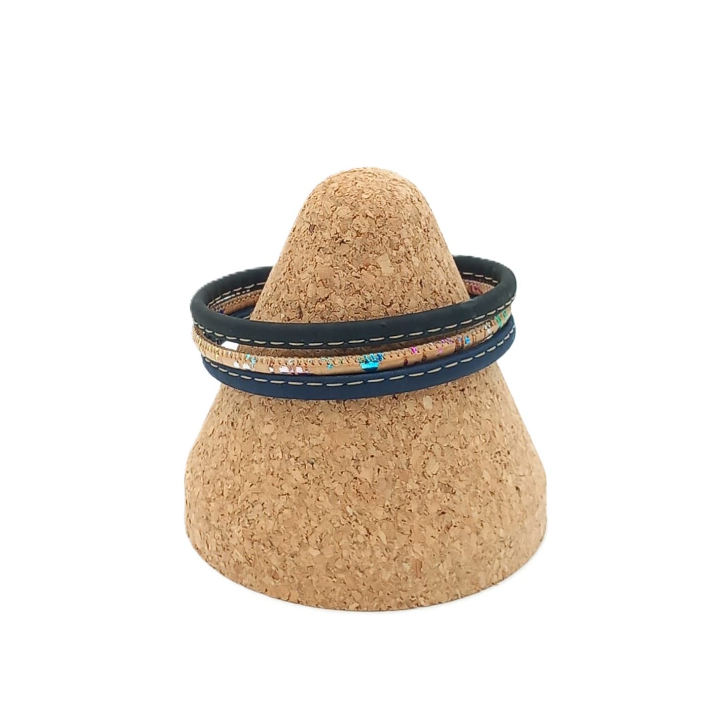 Besonderes Korkarmband aus drei Schnüren – Schwarz, Beige mit Glitzer, Blau