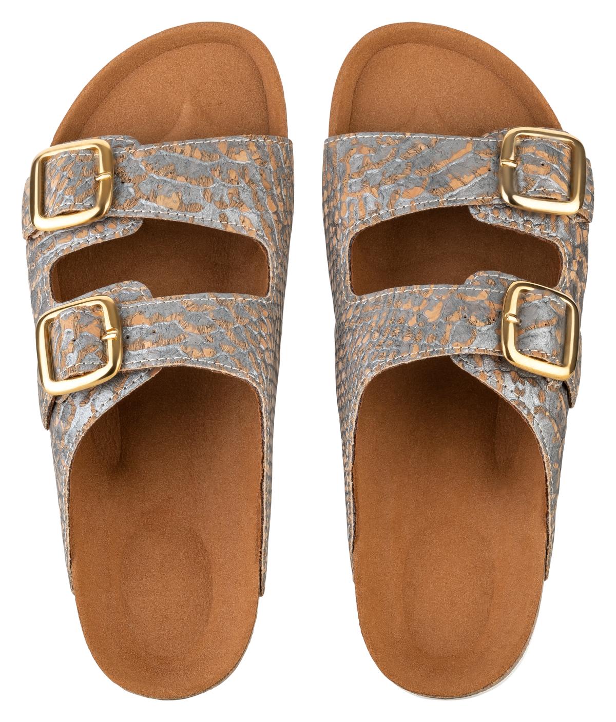 Graue Damen Slipper mit goldener Schnalle