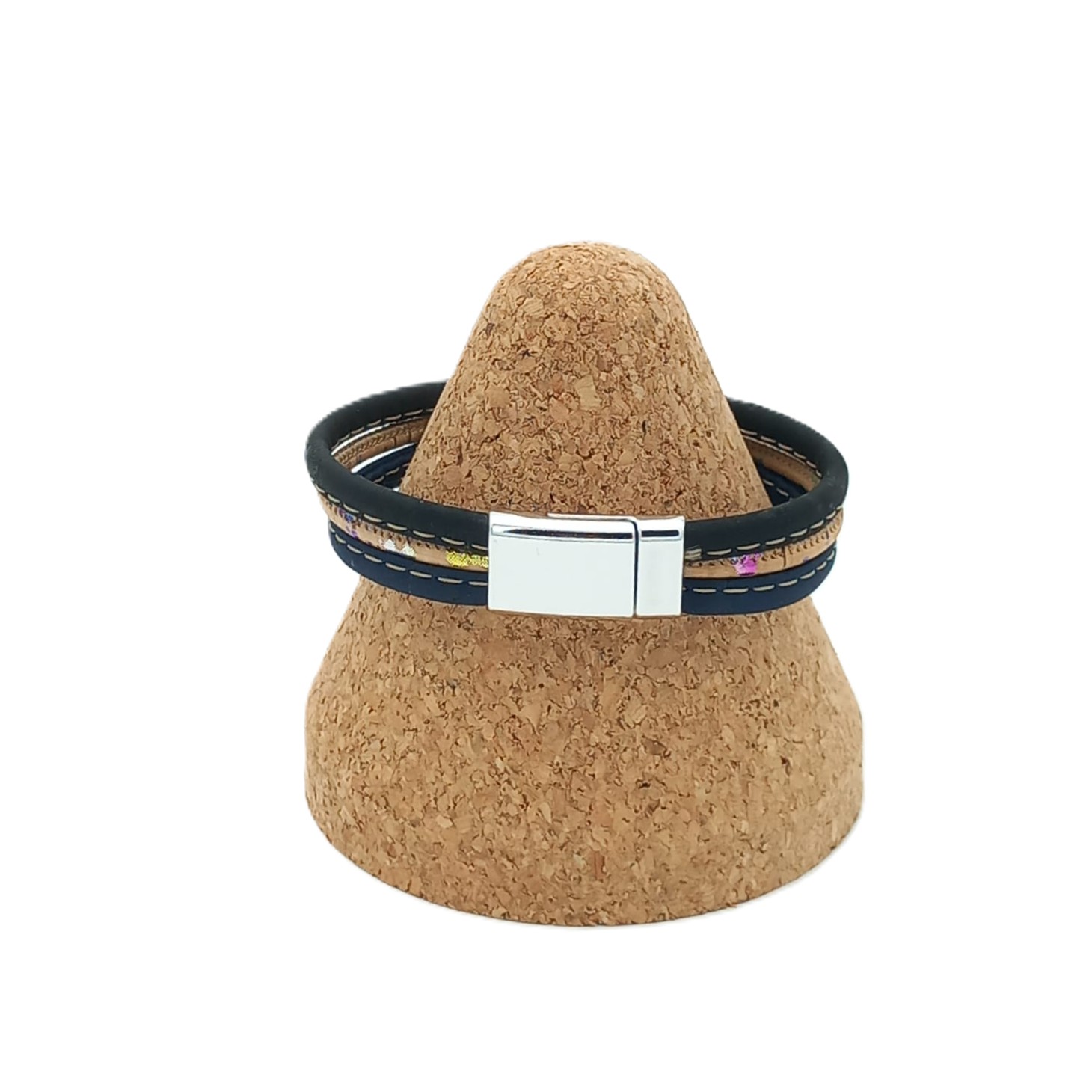 Besonderes Korkarmband aus drei Schnüren – Schwarz, Beige mit Glitzer, Blau