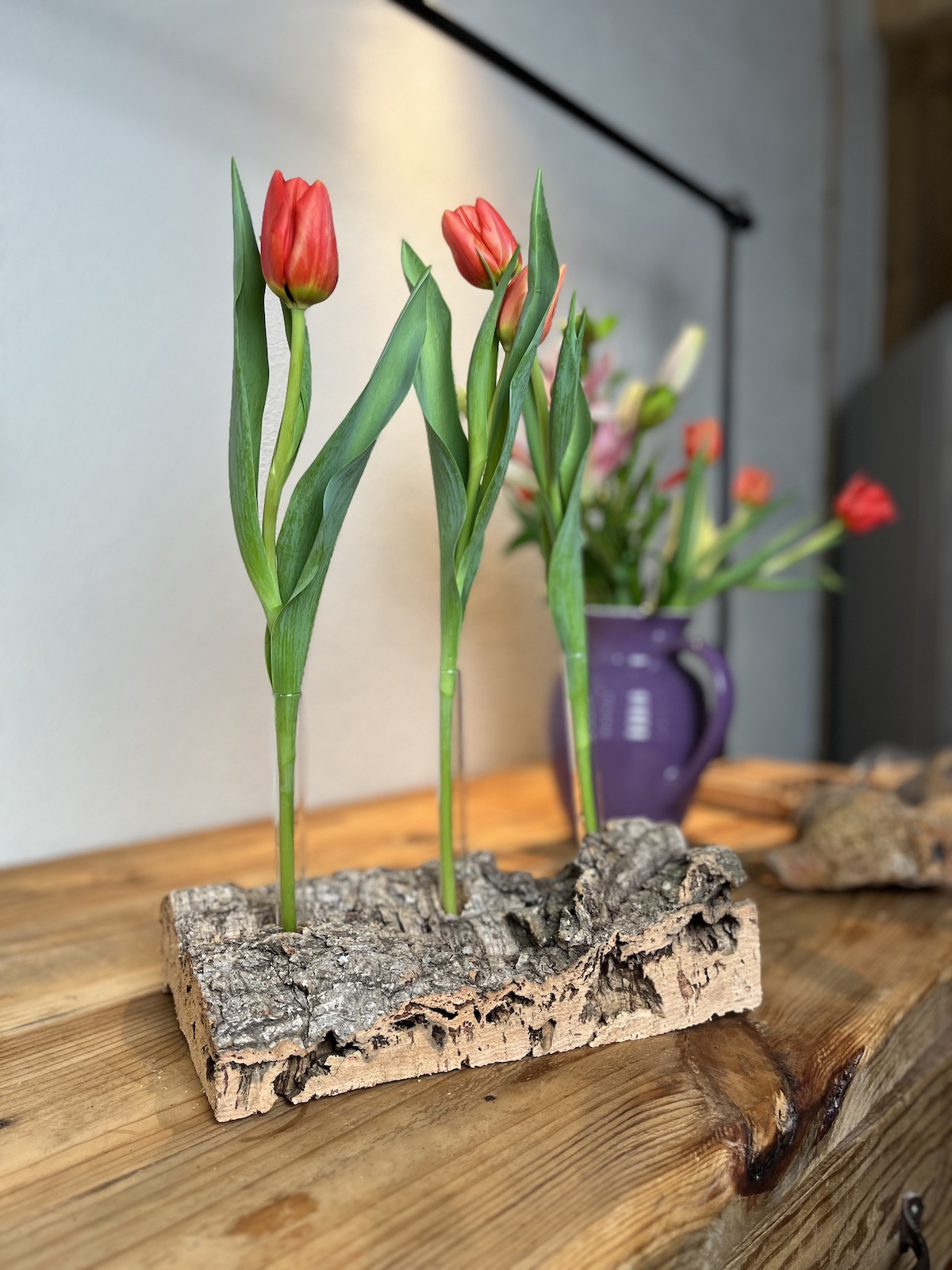Vase aus Naturkork mit Reagenzgläsern