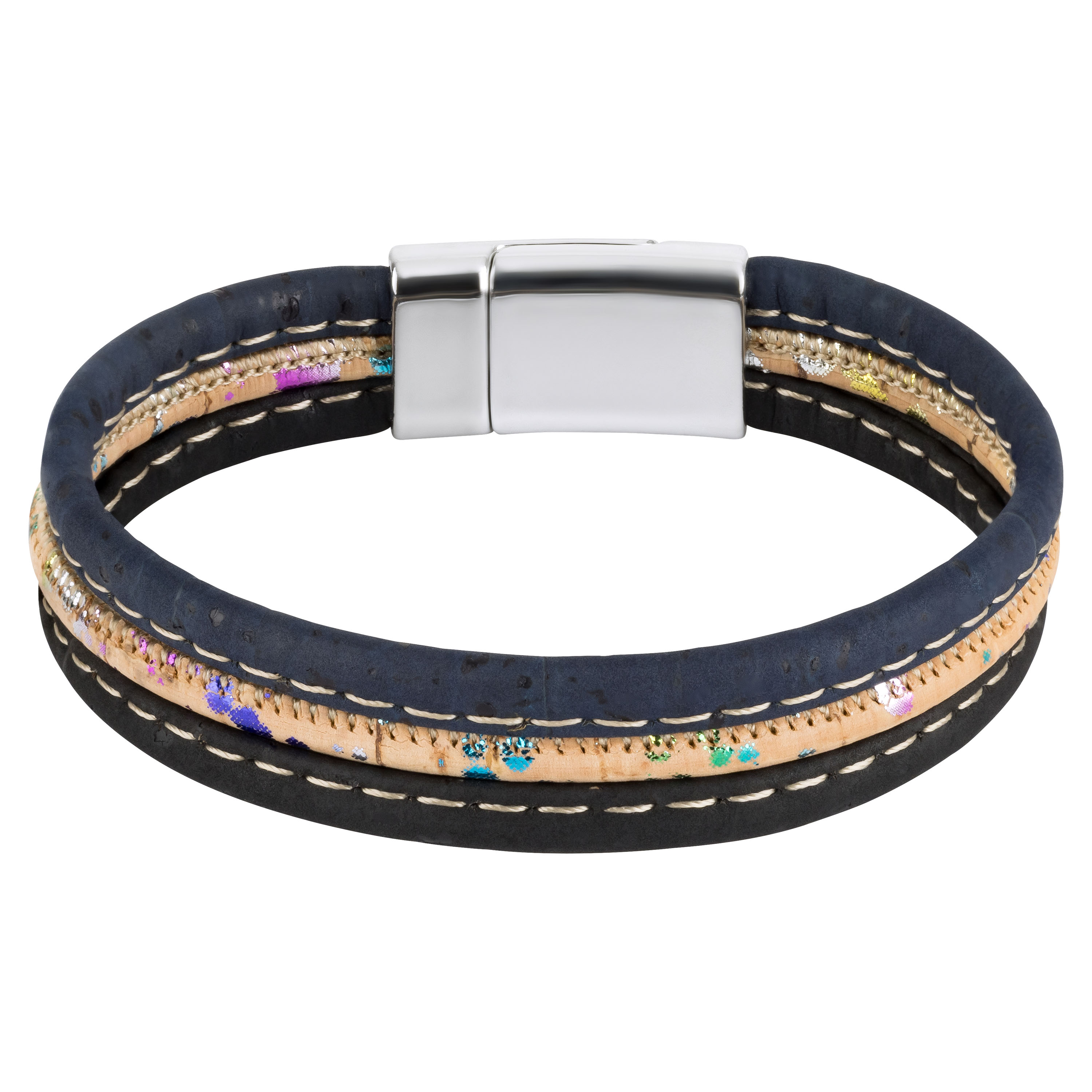 Besonderes Korkarmband aus drei Schnüren – Schwarz, Beige mit Glitzer, Blau