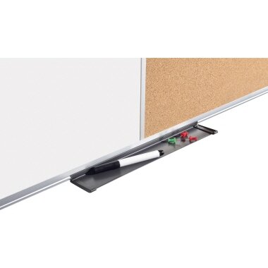Multifunktionstafel 120x120 cm – Detailansicht mit Stiftablage, Whiteboard und Kork Pinnwand